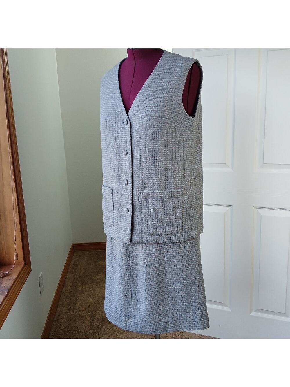 Vintage Handmade 2 Piece Suit 1X ? grey blue wool houndstooth vest skirt pockets